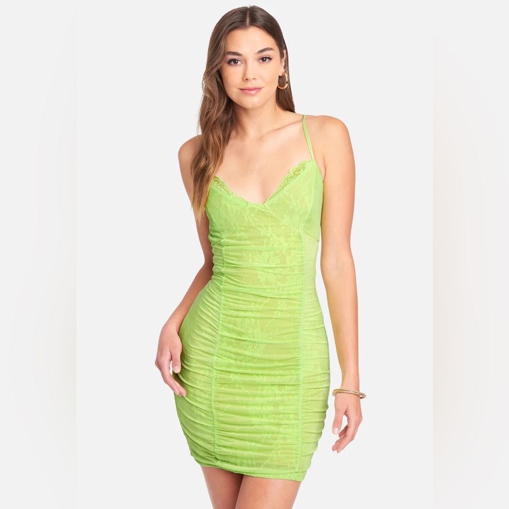 NWT - Bebe Ruched Lace and Mesh Dress - Green - Size M
